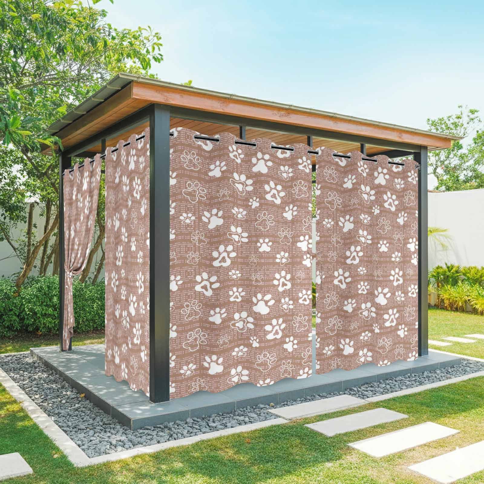 Brown Paw Print Outdoor Curtains for Patio, Modern Classic Gray White Animal Large Paw Pattern Plaid Sunshade Privacy Drapes Grommet Waterproof Outside Curtains for Porch Balcony 54"x108", 1 Panel