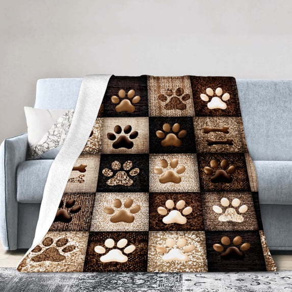 Brown Paw Print Patchwork Design Flannel Throw Blankets for Couch Bed 50"x40"