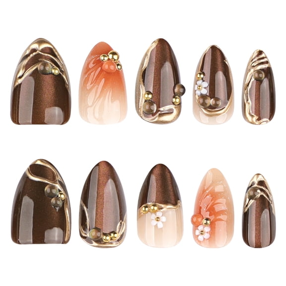 Brown Peach Beige Nude Gradient Press on Nails with Gold Line Detail, 3D Flower & Bead, Medium Almond Glossy, 24 Count