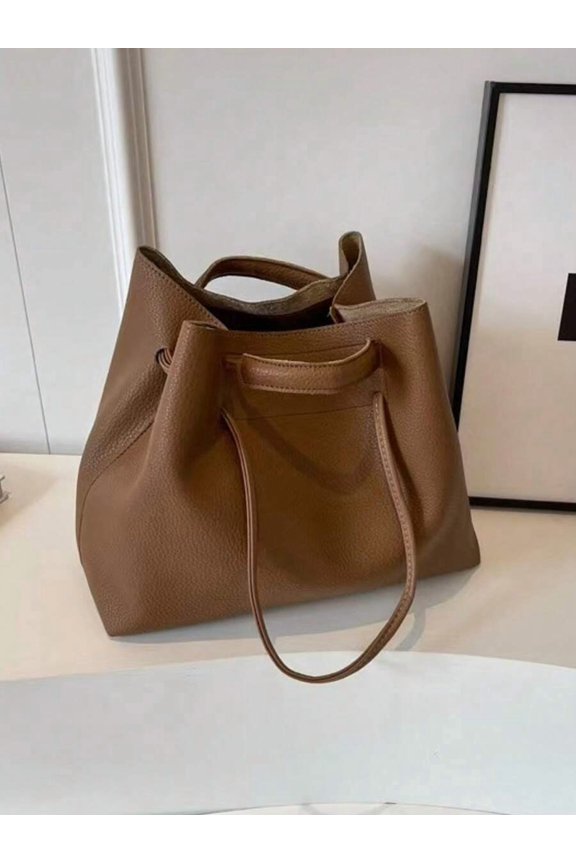 Brown Pebbled Leather Tote Shoulder Bag With Drawstring Closure