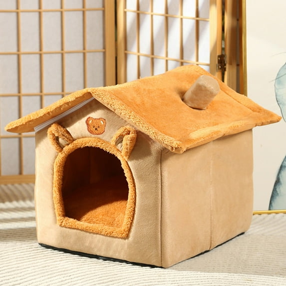 Brown Pet Bed for Cats and Small Dogs, Large Semi-Enclosed Winter Nest, 2-in-1 Convertible Pet House with Removable Cushion, Soft & Washable, 15.7x15.7x13.7in