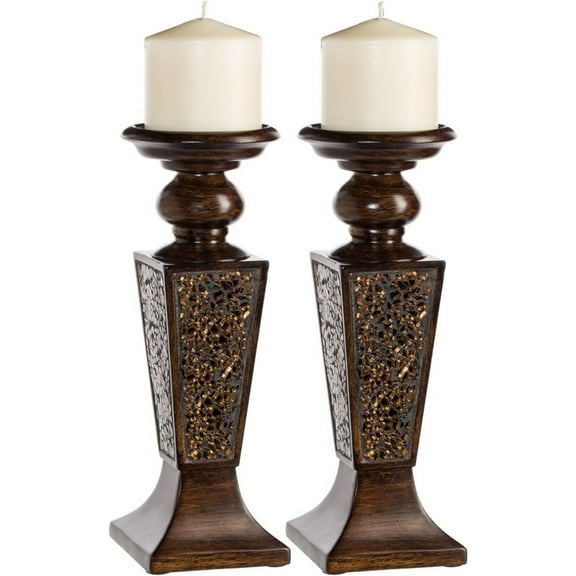 Brown Pillar Candle Holder Set of 2- Crackled Mosaic Design- Functional Table Decorations- Centerpieces for Dining/Living Room- Best Wedding Gift