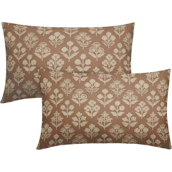 Brown Pillow Covers 12x20 Inch Set of 2, Cream Floral Block Print Pattern Lumbar Decorative Throw Pillowcases Outdoor Farmhouse Rectangle Cushion Covers Spring Summer Sofa Couch Bed Decor