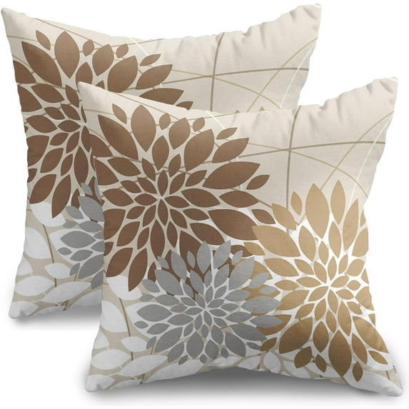 Brown Pillow Covers 18x18 Set of 2 Grey Gray Dahlia Modern Geometry Line Flower Summer Outdoor Decorative Throw Pillows Floral Farmhouse Pillowcases Linen Cushion Case Decor for Home Sofa Couch Bed