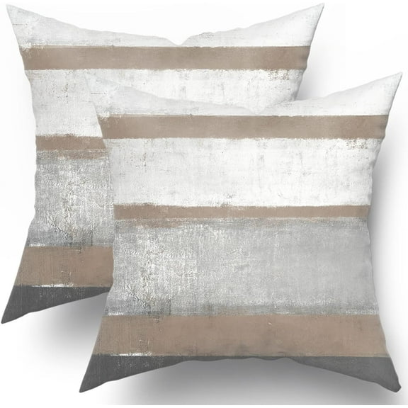 Brown Pillow Covers 18x18 Set of 2 Light Brown Grey Gray Modern Abstract Art Striped Throw Pillows Farmhouse Outdoor Decorative Pillowcase Cotton Square Cushion Cover for Home Couch Bed