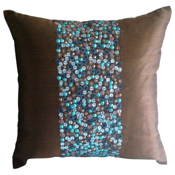 Brown Pillow Shams, 3D Turquoise Sequins Pillow Shams, 24x24 inch (60x60 cm) Pillow Sham, Square Silk Pillow Sham, Pillow Shams, Modern, Circles & Dots Pattern - Cocoa & Turq