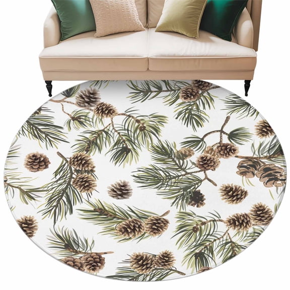 Brown Pine Cones Area Rug, Green Leaves Branch Plant White Washable Large Circle Carpet, Non Slip Round Rug for Living Room/Bedroom/Dining Room/Home Office/Dorm