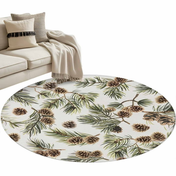 Brown Pine Cones Area Rug, Green Leaves Branch White Background Washable Large Circle Carpet, Non Slip Round Rug for Living Room/Bedroom/Dining Room/Home Office/Dorm