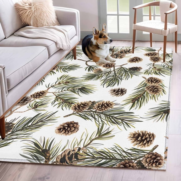 Brown Pine Cones Area Rugs 4x6 ft Green Leaves Branch Plant White Washable Rug Non Slip Indoor Carpet Absorbent Floor Mat for Living Room Bedroom Dining Room