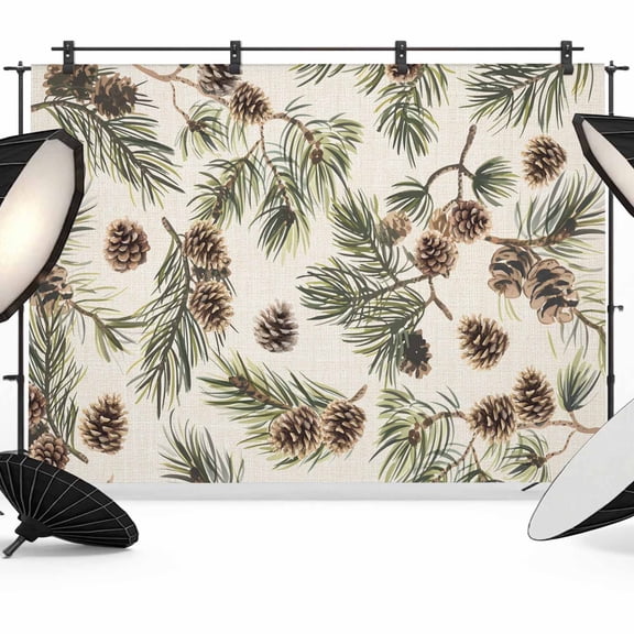 Brown Pine Cones Backdrop for Photography, Green Leaves Branch Vintage Linen Photo Backdrop Portrait Background Party Banner Photo Backgrounds for Studio Booth Props, 12x8ft