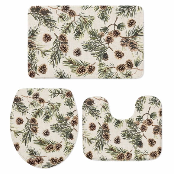 Brown Pine Cones Bathroom Rugs Set Green Leaves Branch Vintage Linen Non Slip Absorbent Soft Bath Mats 3 Piece Set with Bathroom Rug, U-Shaped Floor Mat, Toilet Seat Cover Large Size
