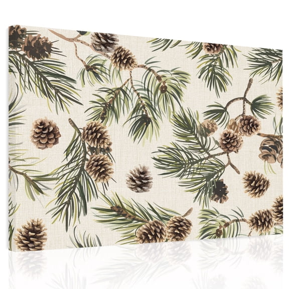 Brown Pine Cones Canvas Print Wall Art, Green Leaves Branch Vintage Linen Wall Decor Modern Artwork Paintings Pictures for Living Room Framed and Stretched Ready to Hang, 24" x 32"