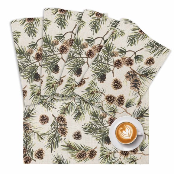 Brown Pine Cones Placemats Set of 1 Green Leaves Branch Vintage Linen Place Mats Washable Table Mats for Party Kitchen Dining Decoration, 13 X 19 Inch