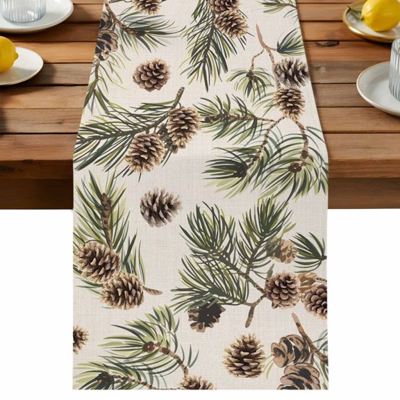 Brown Pine Cones Table Runner, Green Leaves Branch Vintage Linen Cotton Linen Table Cloth, Tablerunner for Kitchen Dining Party Wedding Home Decor 13x36 Inch