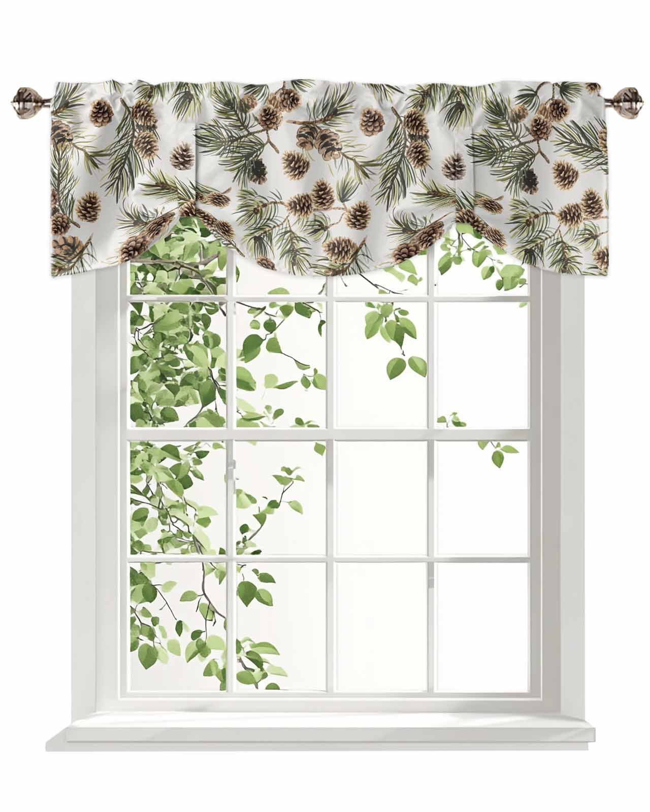 Brown Pine Cones Tie Up Valances Curtain, Green Leaves Branch White Background Kitchen Valances for Windows Decor, Rod Pocket Short Curtains Set for Bedroom/Bathroom, 54"x18"