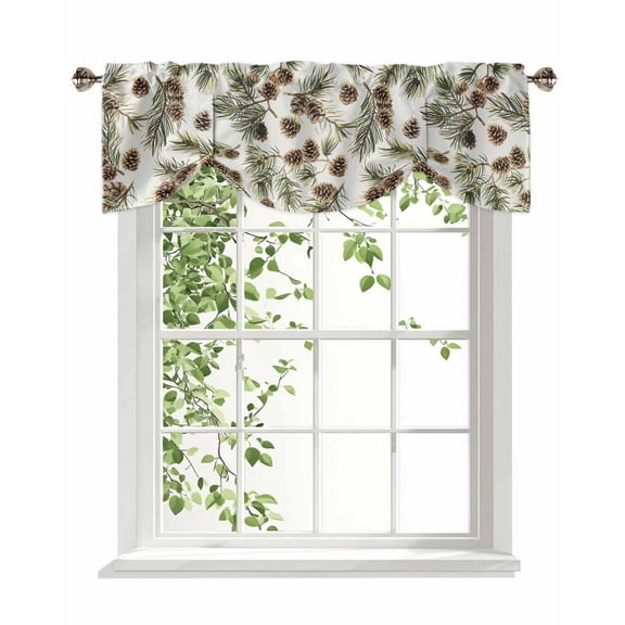 Brown Pine Cones Tie Up Valances Curtain, Green Leaves Branch White Background Kitchen Valances for Windows Decor, Rod Pocket Short Curtains Set for Bedroom/Bathroom, 54"x18"