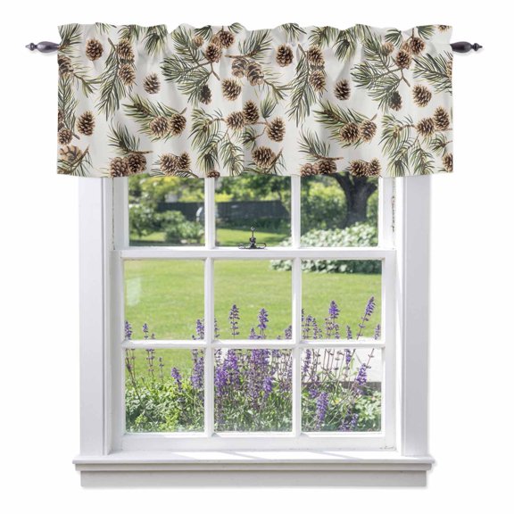 Brown Pine Cones Valances for Windows Green Leaves Branch White Background Rod Pocket Cafe Window Treatments Valance Curtains for Kitchen Bathroom Laundry Basement Windows 54"x18"