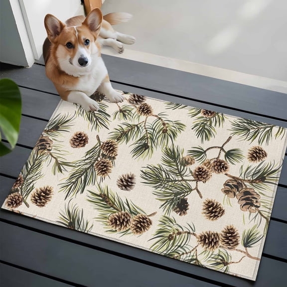 Brown Pine Cones Washable Area Rug 2x3 Green Leaves Branch Vintage Linen Low-Profile Area Rugs with Non Slip Backing Indoor Floor Carpet for Entrance Living Room Bedroom Home Office