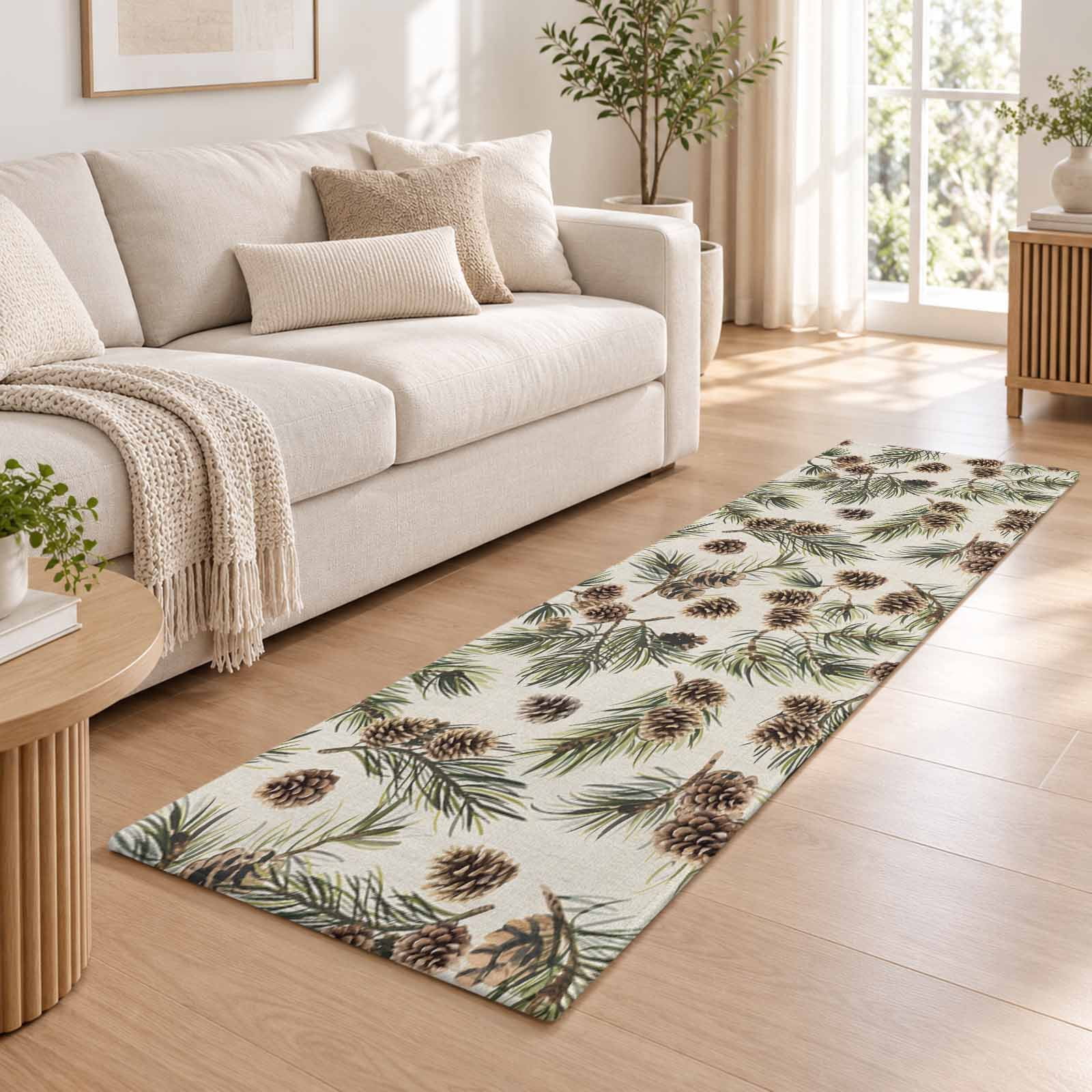 Brown Pine Cones Washable Runner Rug 2.6x10, Green Leaves Branch ...