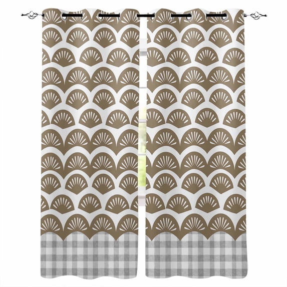 Brown Pine Leaves Blackout Curtains for Bedroom/Living Room, Thermal Insulated Kitchen Curtains, Abstract Art Geometric Gray Plaid Grommet Darkening Window Treatment Drapes 27.5"x39"x2