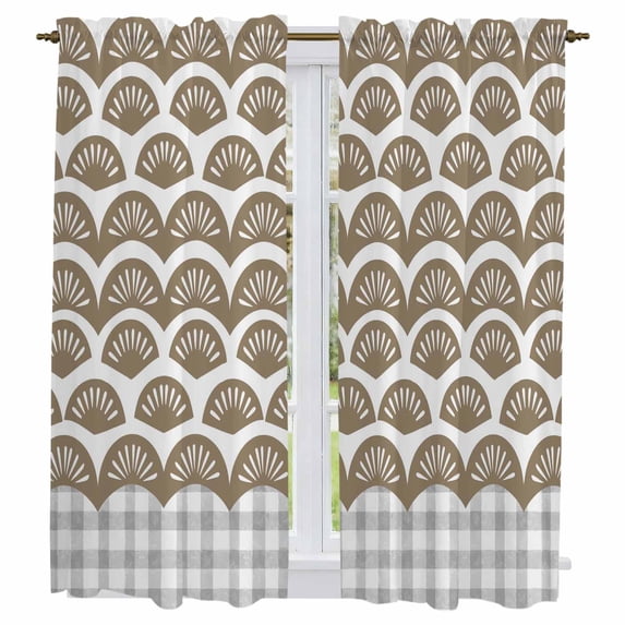 Brown Pine Leaves Kitchen Curtains 63 Inch Length, Abstract Geometric Gray Plaid Tiers Curtains for Living Room Berdoom Bathroom, Light Filtering Drapes Rod Pocket Window Treatment 2 Panels 42"Wx63"L