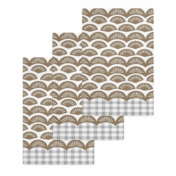 Brown Pine Leaves Kitchen Dish Towels for Drying Dishes Set of 3, Abstract Art Geometric Gray Plaid Waffle Weave Microfiber Hand Tea Bathroom Towels Quick Dry & Absorbent Towel 15.7x23.6