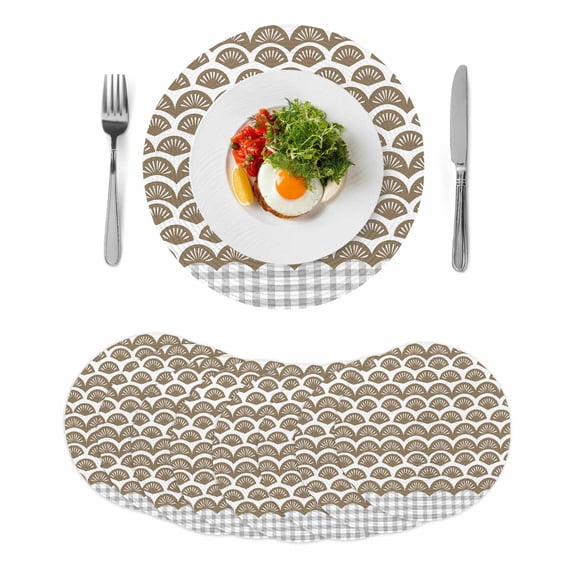 Brown Pine Leaves Round 13 Inch Placemats Set of 8, Abstract Art Geometric Gray Plaid HeatResistant Non Slip Place Mats for Dining Table, Wipeable Braided Kitchen Table Mats for Housewarming