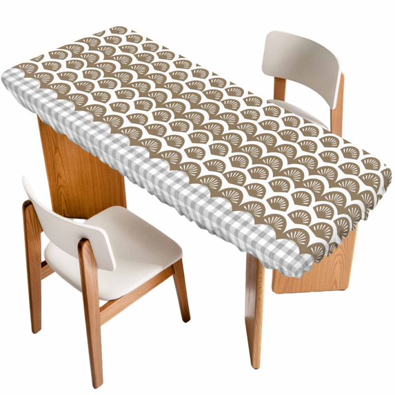 Brown Pine Leaves Table Cloths for 8 Foot Rectangle Tables, Abstract Art Geometric Gray Plaid Patio Waterproof Elastic Fitted Tablecloths, Washable Rectangular Table Cover for Camping