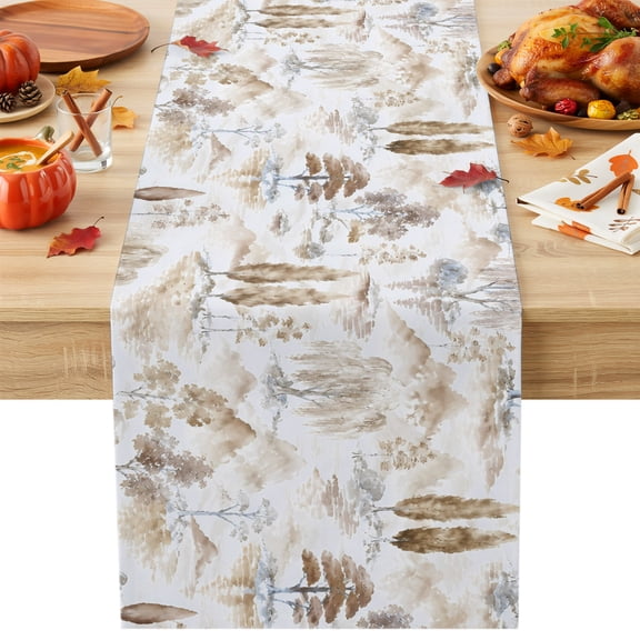 Brown Pine Tree Cotton Linen Table Runner Beige Rolling Hills Willow Trees Forest Clouds Fog Dining Table Runners for Home Decor Party Dining Room Restaurant Kitchen Party 13" x 36"