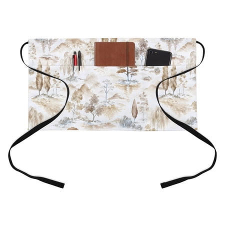 Brown Pine Tree Kitchen Restaurant Half Waist Apron, Beige Rolling Hills Willow Trees Forest Clouds Fog Server Short Apron with 3 Pockets Waterproof Oil Waist Aprons for Women Waitress Waiter