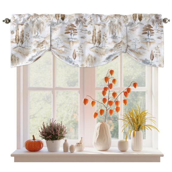 Brown Pine Tree Tie Up Valances Curtain, Adjustable Kitchen Beige Rolling Hills Willow Trees Forest Clouds Fog Valances for Windows Decor, Rod Pocket Short Curtains Set for Bedroom Bathroom, 42"x12"