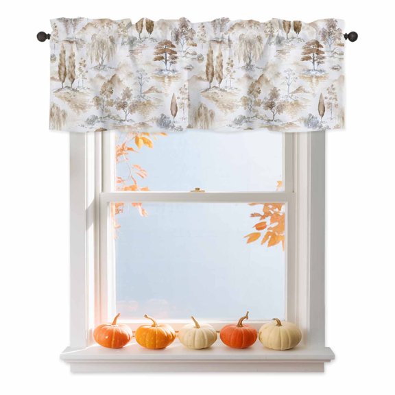 Brown Pine Tree Valances for Windows, Beige Rolling Hills Willow Trees Forest Clouds Fog Rod Pocket Valance Short Window Treatments Curtains for Kitchen Bathroom Bedroom Decor, 42 x 12 Inches