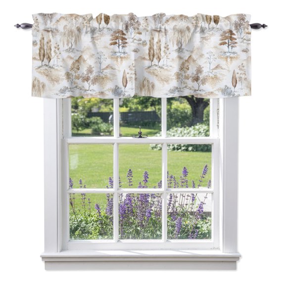 Brown Pine Tree Valances for Windows, Beige Rolling Hills Willow Trees Forest Clouds Fog Valance Window Treatment Rod Pocket Short Curtains Valances for Kitchen Bathroom 42"W x 12"L