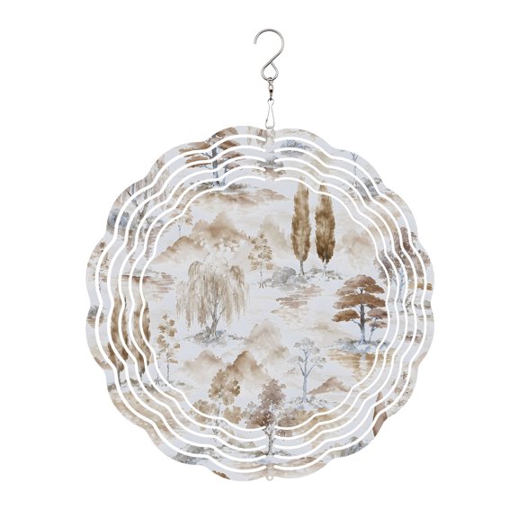 Brown Pine Tree Wind Spinner for Garden Yard 10In, Beige Rolling Hills Willow Trees Forest Clouds Fog 3D Stainless Steel Kinetic Hanging Wind Spinners Rustproof Outdoor Decor for Lawn Patio Home