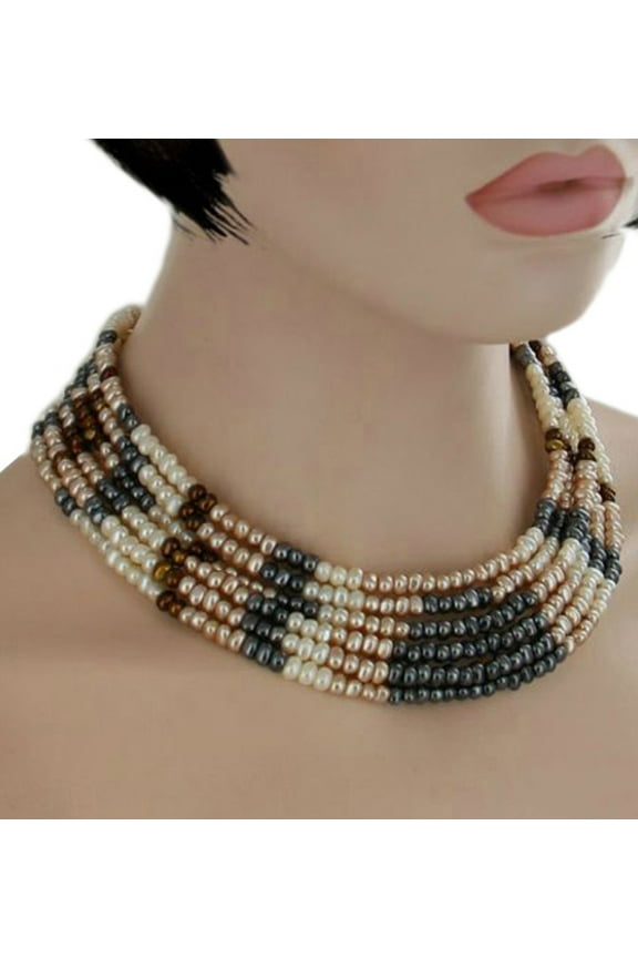 Brown Pink Cream Gray Small Faux Pearl Beaded Multistrand 6 Strand Statement Necklace Ladies Adult Female Women