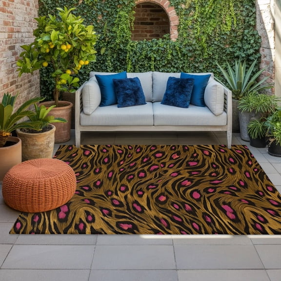 Brown Pink Leopard Indoor Outdoor Rugs 4x6 Ft, Rustic Boho Vintage Grain Aesthetic Outdoor Patio Rugs Mat Washable Outside Area Rugs Carpet for Porch Deck RV Camping Pool Balcony Backyard