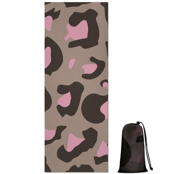 Brown and Pink Of Leopard Print Hot Yoga Mat Towel Non Slip for Hot Yoga - Quick-Drying Yoga Mat Cover with 4 Corner Pockets with Travel Bag - Hot Yoga Towel Non Slip 70"x26"