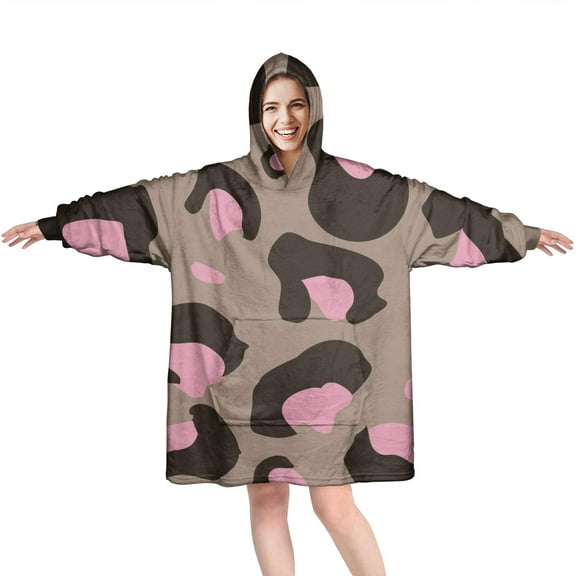 Brown and Pink Of Leopard Print Wearable Oversized Blanket,Wearable Blanket Hoodie for Adults,Cozy Hooded Blankets with Super Pockets,Super Warm Fuzzy Pullover for Women & Men