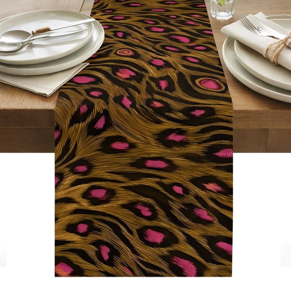 Brown Pink Leopard Table Runner, Rustic Boho Vintage Grain Aesthetic Cotton Linen Kitchen Dining Table Runner Cloth Dresser Scarf Decoration for Party Home Decor 16x72in