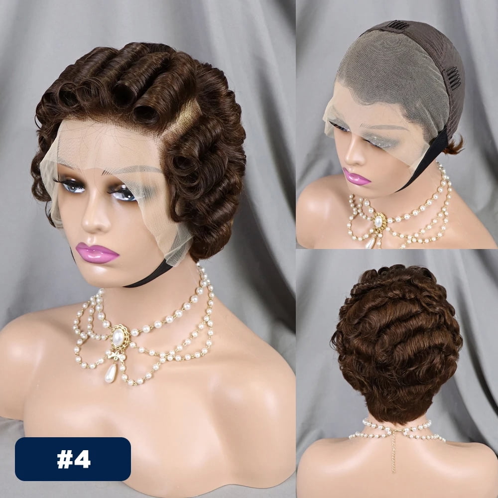 Brown Pixie Cut Wig Short Bob Curly Human Hair Wigs Cheap 13X4 Transparent Lace 4# Chocolate Color Water Deep Wave Lace Front Wig for Women