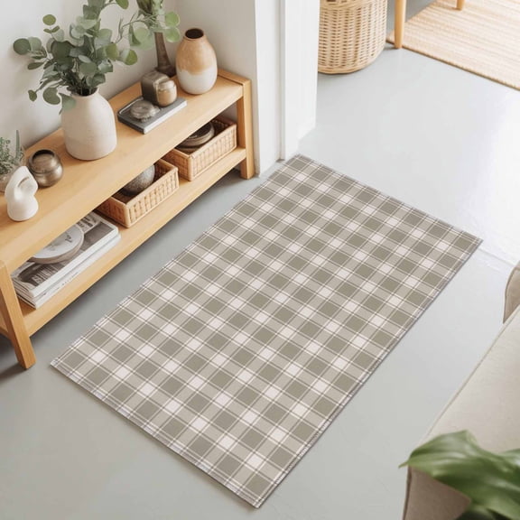 Brown Plaid 2'x3' Rug for Entryway Front Door Kitchen Sink Area, Country Rustic Farmhouse Classic Minimalist Checkered Low Pile Washable Non Slip Rectangle Area Rug