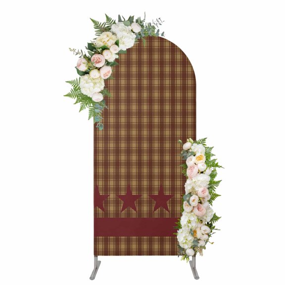 Brown Plaid Arch Backdrop Cover 6FT, Modern Geometric Red Stars Checkered Spandex Fitted Stretchy Arch Stand Covers, Round Top Chiara Backdrop Cover for Wedding Party Birthday Baby Shower