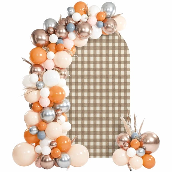 Brown Plaid Arch Backdrop Cover 6Ft, Wedding Arch Covers Stretchy Backdrop, Gingham Checked Minimalist Modern Fitted 2 Sided Arched Photo Background for Birthday Party Decorations
