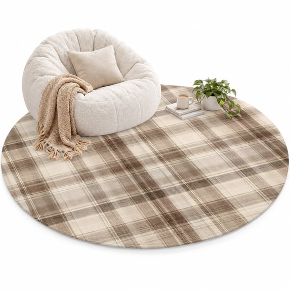Brown Plaid Area Rug 4', Farmhouse Cream Beige Line Striped Rustic ...