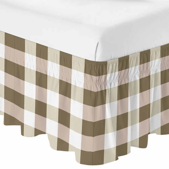 Brown Plaid Bed Skirt Queen Size 16 Inch Drop, Adjustable & Elastic Wrap Around Bed Skirts Pleated Dust Ruffles For Twin Full Queen Cal King Base Beds, Spring Summer Farmhouse Buffalo Checkered