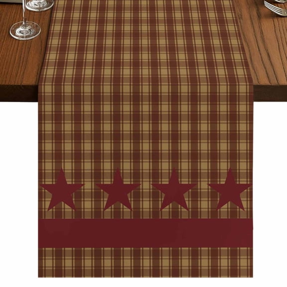 Brown Plaid Burlap Cotton Table Runner 13x36 Inches Short, Modern Geometric Red Stars Checkered Farmhouse Table Runners, Outdoor Dining Tablecloths Decor for Baby Shower/Party/Wedding