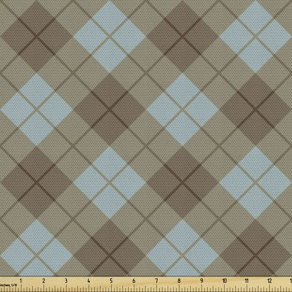 Ambesonne Brown Plaid Fabric by the Yard Upholstery, Repeated Bicolor Tartan, 2 Yards, Pale Slate Blue Dark Tan