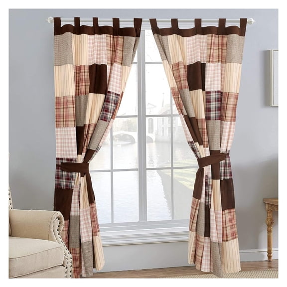 Brown Plaid Farmhouse Country Patchwork Window Curtains with Tie Backs Set, 84" x 50", 2 Panels