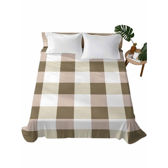 Brown Plaid Flat Sheets Only California King Size, Soft Breathable Bed Top Sheets for Mattress, Spring Summer Farmhouse Buffalo Checkered Bedding Flat Sheets for Home Hotel Bedroom Bed Protection