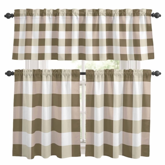 Brown Plaid Kitchen Curtains,Kitchen Curtains and Valances Set of 3,Spring Summer Farmhouse Buffalo Checkered Light Filtering Tailored Tier Curtain 36 Inch Length Drapes for RV Cafe Bathroom Bedroom